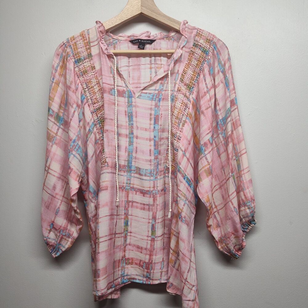 Zac & Rachel Blouse Top Women Size L Pink Plaid 3/4 Sleeve Feminine Casual